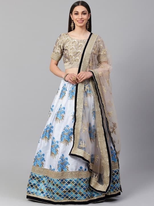 Net Sequinned Lehenga Choli — Peacock Blue
