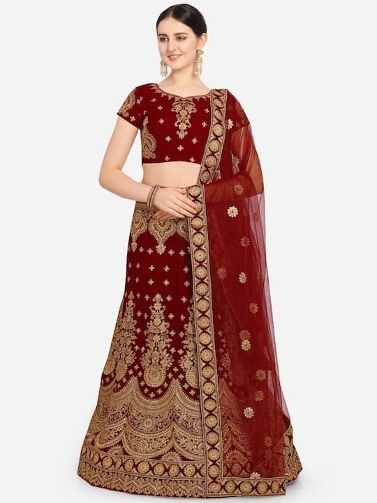 Embroidered Faux Georgette Lehenga Choli — Deep Red