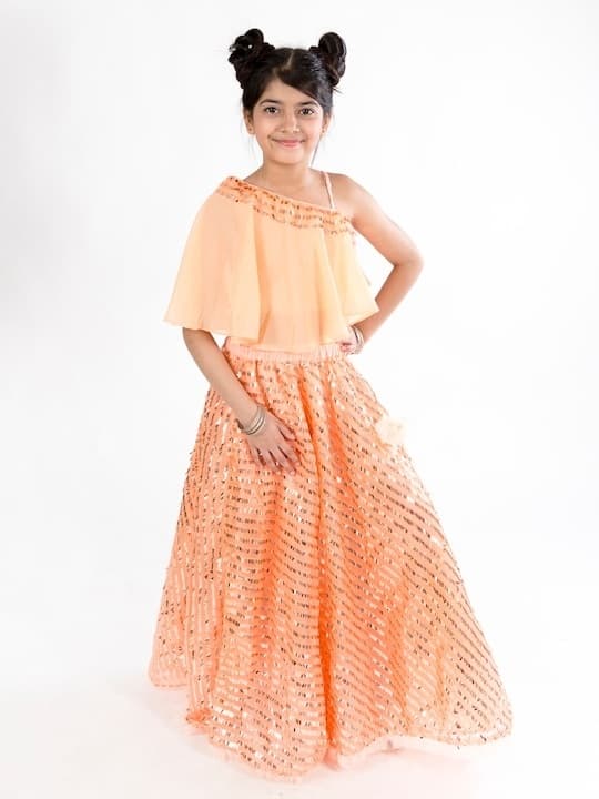Mirror-Work Georgette Lehenga Choli — Champagne Gold