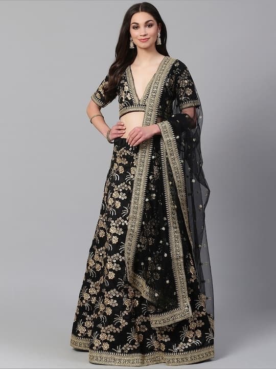 Net Sequinned Lehenga Choli — Emerald