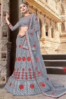Net Sequinned Lehenga Choli — Saffron