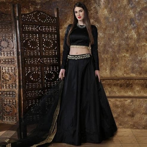 Embroidered Faux Georgette Lehenga Choli — Saffron