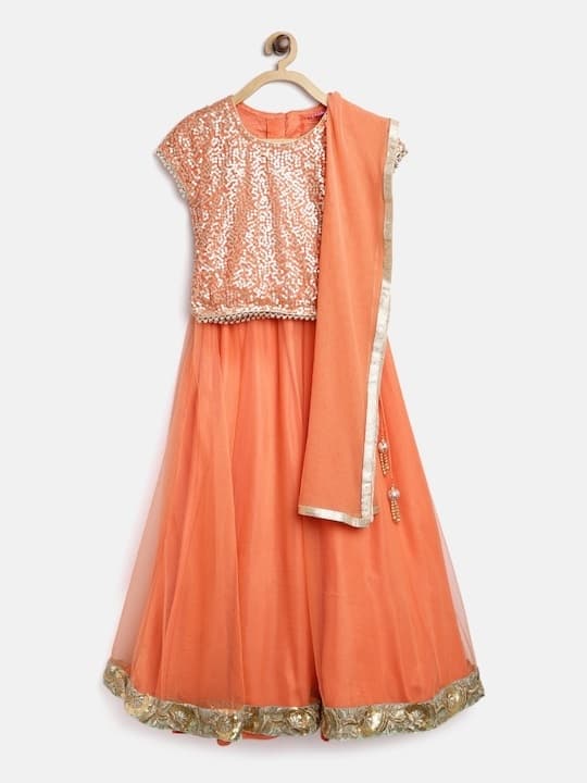 Embroidered Faux Georgette Lehenga Choli — Saffron