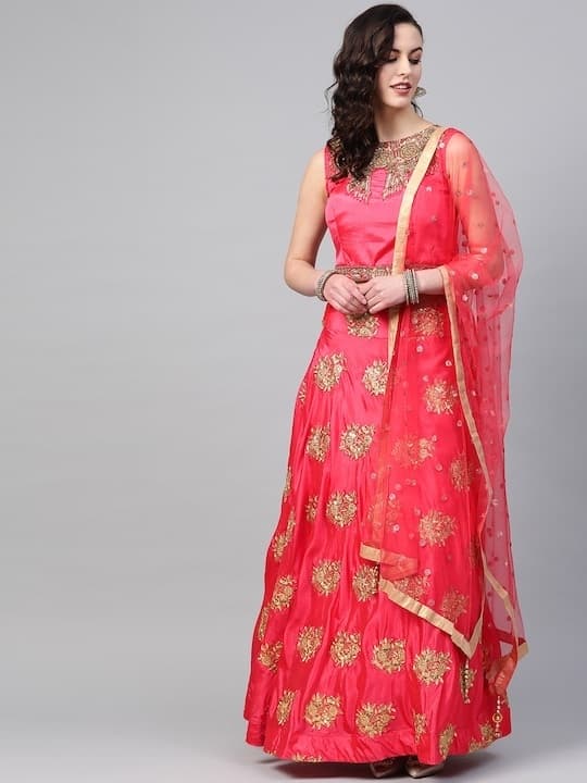 Net Sequinned Lehenga Choli — Wine
