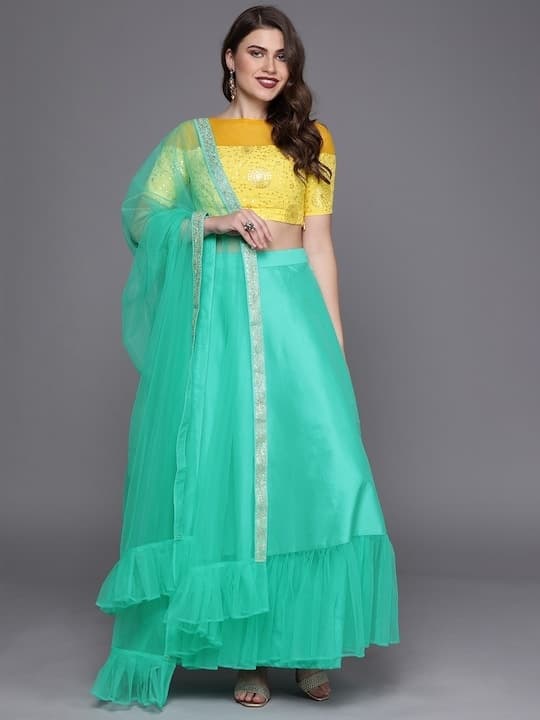 Net Sequinned Lehenga Choli — Maroon