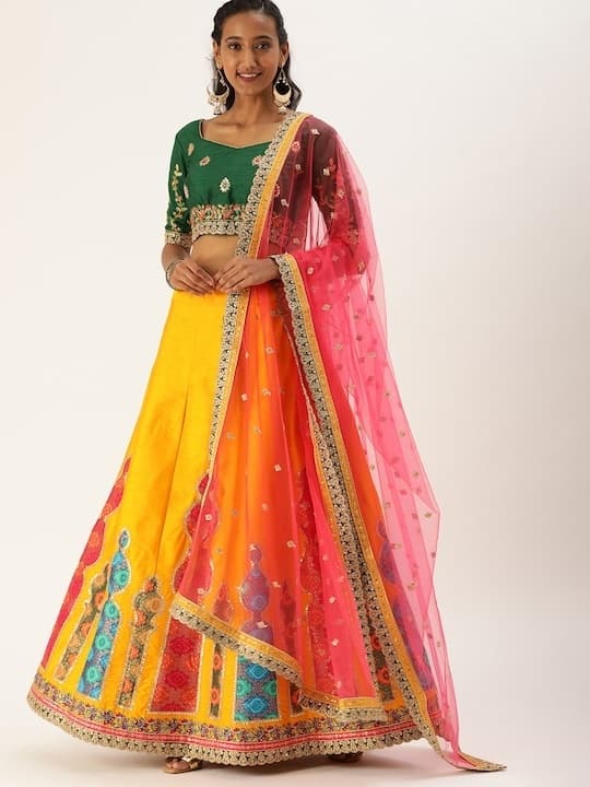 Mirror-Work Georgette Lehenga Choli — Emerald